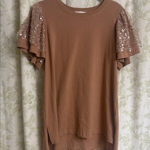 Fantastic Fawn Brown Top with Sequin Sleeves